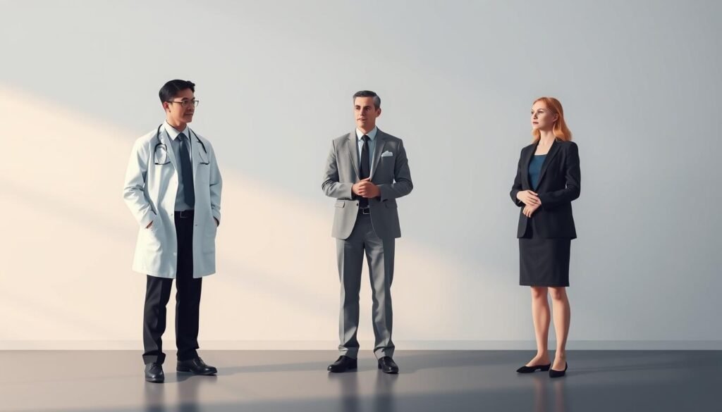 A detailed comparison of three mental health professionals - a psychiatrist, a clinical psychologist, and a counselor - shown in a sophisticated conceptual illustration. The scene depicts the trio in formal attire, standing in a contemplative pose against a serene, minimalist backdrop illuminated by soft, directional lighting. The overall mood is one of professionalism, expertise, and patient-centered care. The composition emphasizes the distinct roles and qualifications of each specialist, inviting the viewer to thoughtfully consider the appropriate time to seek the services of each.