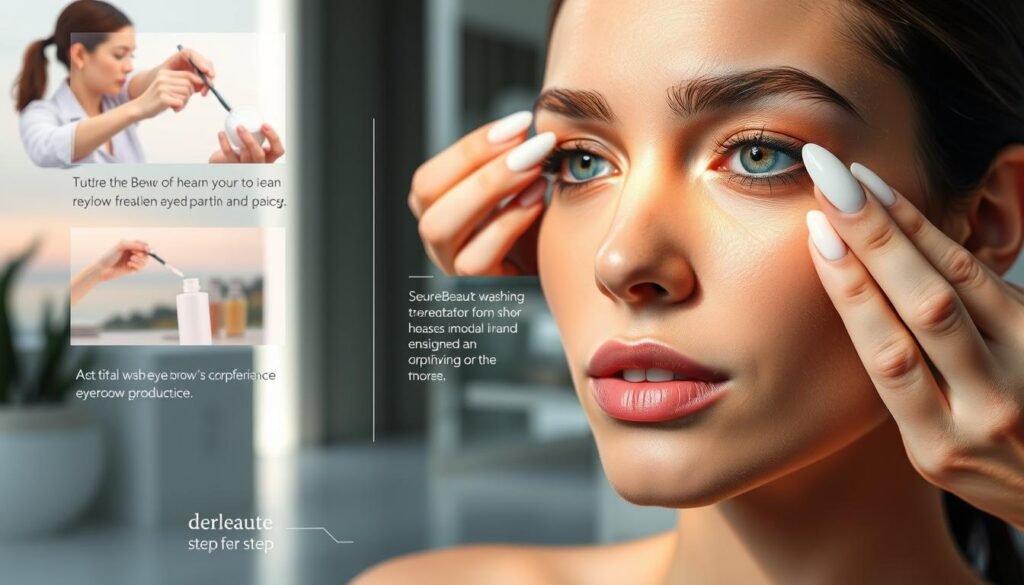 A detailed, step-by-step visual guide of the derBeaute eyebrow treatment process. In the foreground, the model's face is gently illuminated, showcasing the precise, careful application of various products and tools during the eyebrow washing procedure. The middle ground features a clean, minimalist spa-like setting with soft lighting and soothing colors, creating a calming, professional atmosphere. The background subtly blends into an ethereal, softly-focused landscape, evoking a sense of tranquility and relaxation. The overall composition emphasizes the meticulous, rejuvenating nature of the eyebrow washing treatment, inviting the viewer to experience the transformative process.