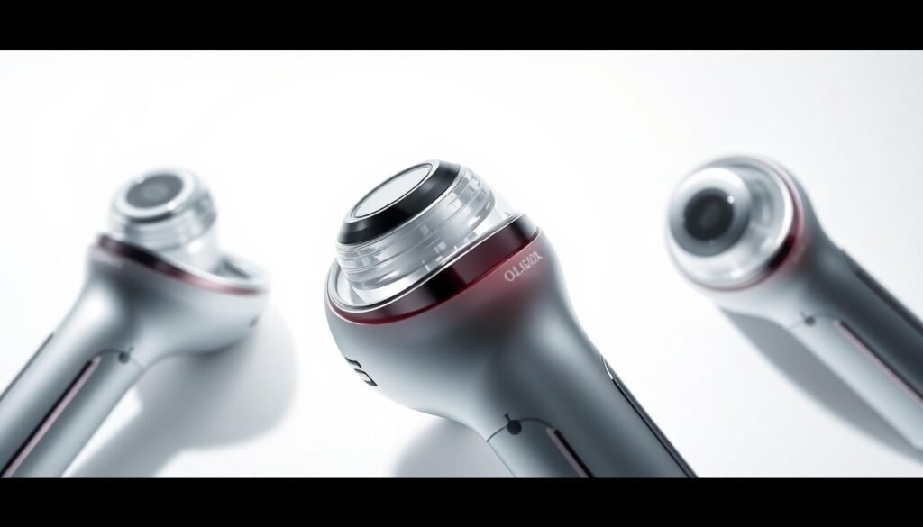 A highly detailed, hyper-realistic close-up image of the "OligioX 原美電波膠原增生科技" device from the "Glowin Beaute" brand. The device is shown against a clean, minimalist white background, perfectly lit from multiple angles to showcase its sleek, modern design and intricate components. The image captures the device's technical prowess and premium quality, emphasizing the innovative "電波" technology that stimulates collagen production in the skin. The lighting is crisp and directional, creating deep shadows and highlights that accentuate the device's contours and materials, conveying a sense of precision and sophistication. The overall mood is one of clinical elegance, highlighting the advanced scientific nature of the "OligioX" technology.