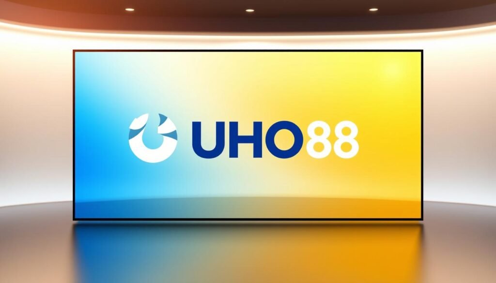 A modern, sleek user interface with a seamless, intuitive layout. The foreground showcases a stylized UHO88 logo, rendered in a clean, minimalist design. The background features a vibrant gradient, transitioning from a warm golden hue to a cool, calming blue. The scene is illuminated by a soft, diffused lighting, creating a sense of depth and dimension. The overall aesthetic conveys a sophisticated, user-centric experience, highlighting the enhanced usability and accessibility of the UHO88 gaming platform.