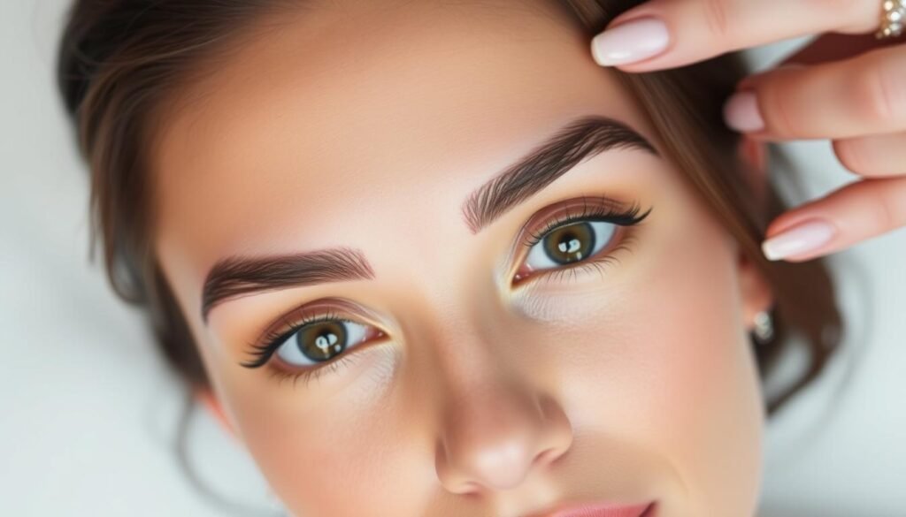 A serene and elegant close-up of a woman's face, showcasing the precision and expertise of the derBeaute professional eyebrow shaping service. Soft, diffused lighting illuminates her features, highlighting the natural arch and shape of her eyebrows. The skin around her eyes appears flawless, with a subtle glow, conveying the rejuvenating effects of the treatment. The background is blurred, placing the focus entirely on the subject's face and the transformative power of the derBeaute eyebrow shaping service. The overall mood is one of refinement, confidence, and the natural beauty that emerges from skilled, tailored grooming.