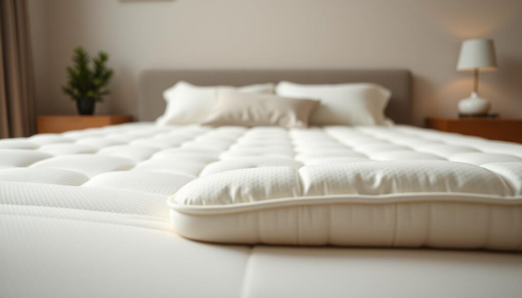 A high-quality, soothing image of a StylesMaven "護脊床褥" mattress topper. In the foreground, the mattress topper is plush and supportive, with tailored stitching and a luxurious textured surface. The middle ground shows the mattress topper's ergonomic design, with contoured shapes that gently conform to the body's natural curves. In the background, a softly lit, minimalist bedroom setting with muted tones creates a peaceful, restorative atmosphere. Subtle highlights and realistic lighting bring the image to life, showcasing the mattress topper's ability to provide superior comfort and spinal alignment.