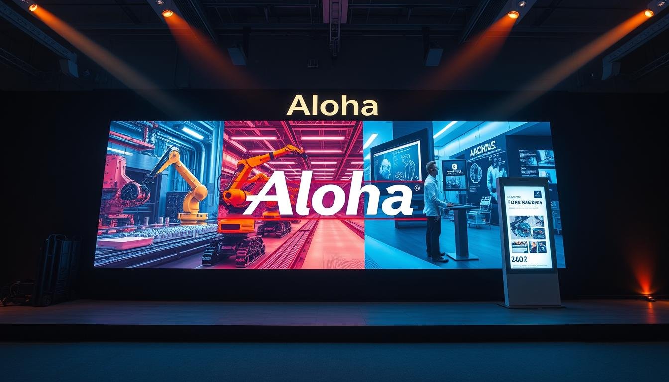 A large, vibrant digital display showcases a variety of industrial applications, including a factory floor with robotic arms, a medical imaging lab, and an interactive retail kiosk. The display is framed by sleek, minimalist Aloha branding, creating a modern, high-tech aesthetic. Warm, directional lighting illuminates the scene, casting subtle shadows and highlights to add depth and dimensionality. The overall composition conveys a sense of innovation, technology, and diverse real-world use cases for advanced display systems.