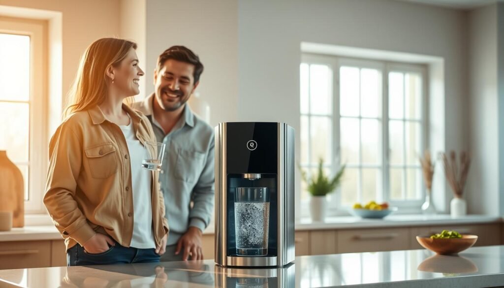 A modern kitchen with a sleek, stainless steel water purifier prominently displayed on the countertop. The user, dressed in casual attire, stands next to the device, expression of satisfaction and contentment as they draw a glass of crystal-clear, filtered water. Soft, natural lighting filters in through large windows, casting a warm glow across the scene. The background features minimal, minimalist decor, allowing the focus to remain on the user's positive experience with the water purifier. Subtle details like water droplets on the device's surface or the user's hand gently gripping the glass convey a sense of freshness and purity. The overall composition and mood aim to showcase the convenience and effectiveness of the water purifier in enhancing the kitchen environment.