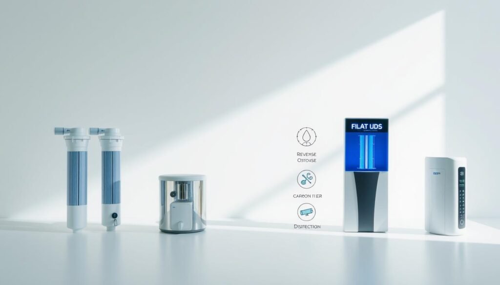 A sophisticated comparison of common water purifier types, displayed in a clean, minimalist style. The foreground showcases various water purifier models - a reverse osmosis system, a carbon filter, and a UV disinfection unit - presented against a bright, white background. The middle ground features stylized icons and infographic elements highlighting the key features and benefits of each purifier type. The background gently fades into a soft, muted gradient, creating a sense of depth and focus. Crisp lighting from the side casts subtle shadows, accentuating the sleek, modern design of the purifiers. The overall atmosphere conveys a sense of clarity, efficiency, and technological sophistication, reflecting the article's focus on upgrading kitchen appliances.