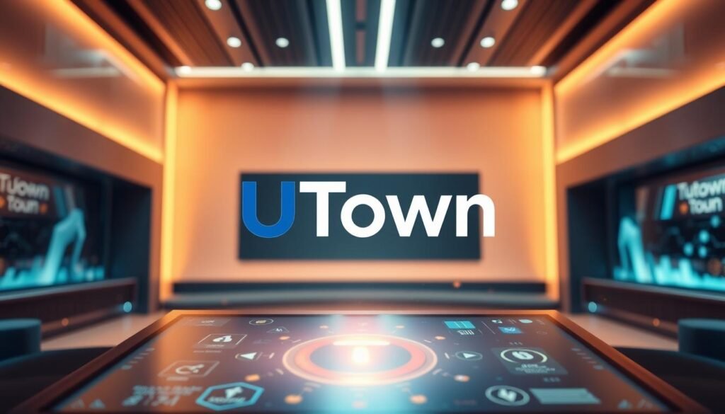 A vibrant and captivating rendering of the UTown USDT cryptocurrency entertainment platform. Set against a sleek, modern backdrop, the UTown logo takes center stage, its bold typography and distinct branding commanding attention. In the foreground, a digital display showcases the platform's key features, with a subtle glow emanating from the screen, creating a sense of technological sophistication. The middle ground features a dynamic array of cryptocurrency-related icons and symbols, hinting at the platform's focus on digital assets and finance. The background is bathed in a warm, inviting palette, evoking a sense of trust and reliability associated with the UTown brand. Soft lighting and a polished, high-quality finish lend an air of professionalism and authority to the overall scene.