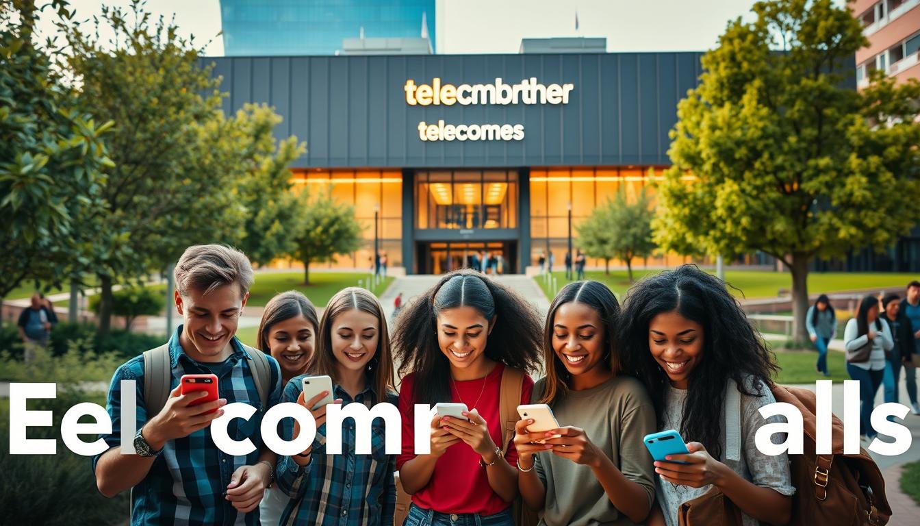 A vibrant and youthful scene showcasing the Telecombrother campus-exclusive mobile plan deals. In the foreground, a group of diverse college students excitedly review their phones, their faces lit by the warm glow of the screen displays. The middle ground features a sleek, modern building with the Telecombrother logo prominently displayed, hinting at the exclusive nature of these offers. The background depicts a lush, verdant campus setting, complete with trees, pathways, and other students strolling by, creating a sense of energy and community. The lighting is soft and natural, casting a welcoming atmosphere. The overall composition conveys the excitement and accessibility of the Telecombrother campus-specific mobile plan promotions.