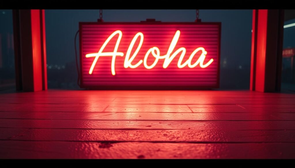 A vibrant neon sign adorns a retro-style lightbox, casting a warm glow across the scene. The "Aloha" brand name shines prominently, evoking a sense of nostalgic charm. In the foreground, the neon tubes flicker and pulse, casting dynamic shadows that dance across the textured surface. The middle ground features a clean, minimalist design, allowing the neon to take center stage. In the background, a hazy cityscape blurs into the distance, suggesting an urban setting. The overall atmosphere is one of vintage allure, where the historic medium of neon lighting meets modern aesthetic sensibilities.