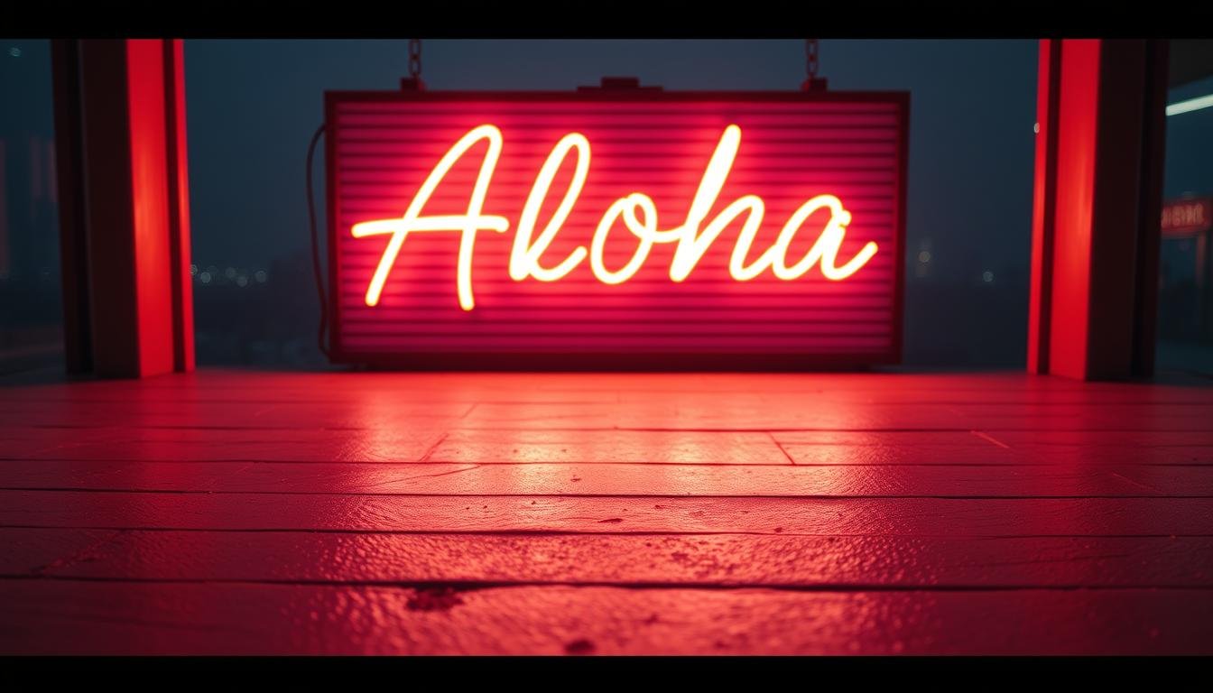 A vibrant neon sign adorns a retro-style lightbox, casting a warm glow across the scene. The "Aloha" brand name shines prominently, evoking a sense of nostalgic charm. In the foreground, the neon tubes flicker and pulse, casting dynamic shadows that dance across the textured surface. The middle ground features a clean, minimalist design, allowing the neon to take center stage. In the background, a hazy cityscape blurs into the distance, suggesting an urban setting. The overall atmosphere is one of vintage allure, where the historic medium of neon lighting meets modern aesthetic sensibilities.