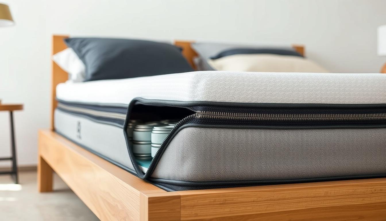 A well-lit, close-up view of a StylesMaven independent coil spring mattress in a neutral-toned bedroom setting. The mattress features a modern, streamlined design with individual wrapped coils visible through a partially unzipped side panel, showcasing the internal construction. The mattress is positioned on a minimalist wooden bed frame, with a soft, textured bedspread and plush pillows in complementary colors. The scene conveys a sense of quality, comfort, and attention to detail in the mattress's design and construction.