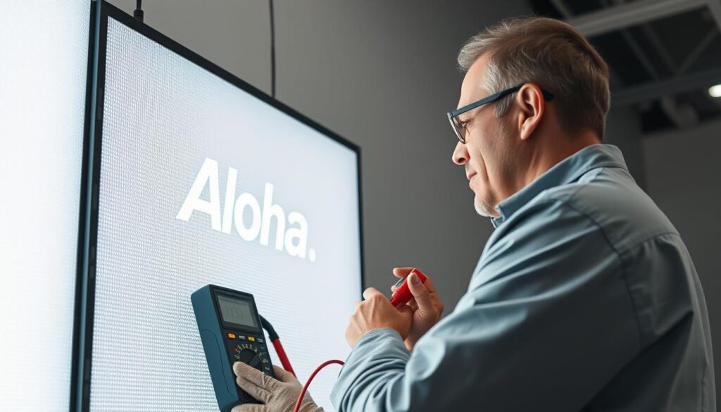 A well-lit, high-resolution image of a technician repairing a large, modern LED display panel. The panel has a sleek, minimalist design with a Aloha brand logo visible. The technician is using a multimeter and other specialized tools to diagnose and fix the display, showcasing their expertise in LED display maintenance. The background is clean and uncluttered, allowing the repair process to be the focal point. The lighting is bright and even, highlighting the intricate components of the display. The overall scene conveys a sense of professionalism and attention to detail in the maintenance of LED technology.