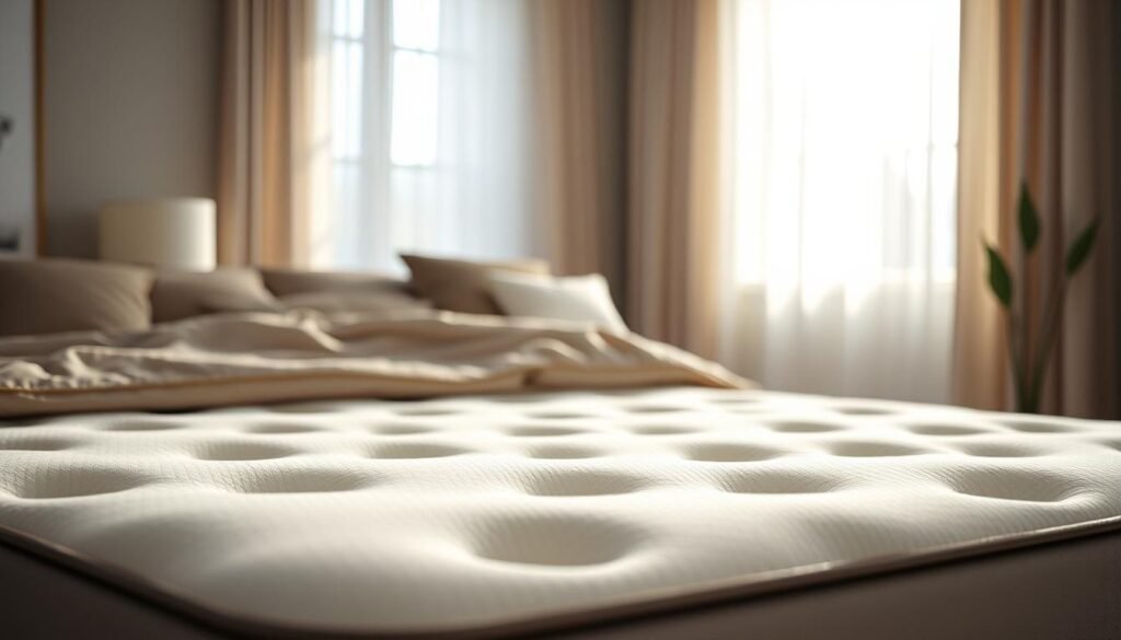 A well-maintained SpringStyles Maven mattress, its independent coil springs gently supporting the body in a serene, modern bedroom. Soft, neutral tones create a calming atmosphere, accentuated by diffused natural lighting filtering through sheer curtains. The mattress surface appears plush and inviting, with subtle textures hinting at its high-quality construction. The overall scene conveys a sense of comfort, rest, and the importance of proper SpringStyles Maven mattress care for lasting enjoyment.