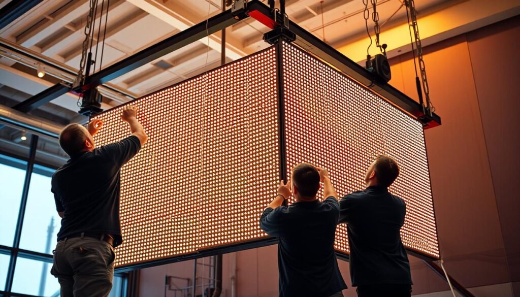 Detailed installation of a large Aloha LED display panel, showcasing the intricate mounting process. A team of technicians carefully aligning the modular components, ensuring seamless integration and optimal performance. The display is suspended from an industrial-grade steel frame, with precision adjustments to level and secure the structure. Carefully routed cables and power supply units integrated behind the panel, maintaining a clean, streamlined appearance. The ambient lighting casts a warm, evenly distributed glow, highlighting the vivid, high-resolution LED pixels. The finished installation radiates a sense of technical proficiency and attention to detail, ready to captivate audiences with its stunning visual impact.