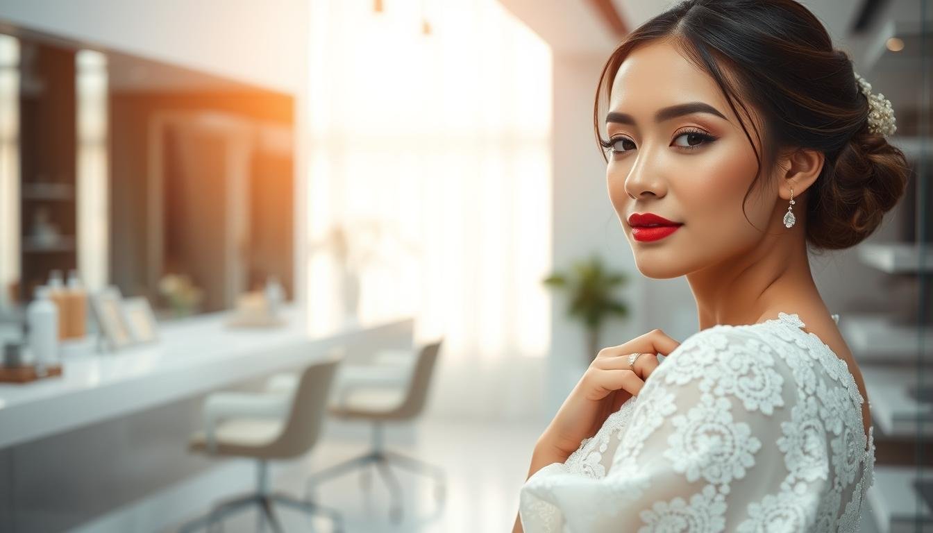 Oligio X 原美電波, a serene and enchanting scene. A sleek, modern salon with abundant natural light, reflecting the Glowin Beaute brand identity. In the foreground, a glamorous wedding-ready model poses gracefully, her makeup accentuating her features with a warm, radiant glow. The middle ground showcases the salon's minimalist decor, with clean lines and a soothing color palette. In the background, a soft, diffused lighting source casts a gentle, ethereal ambiance, capturing the tranquil atmosphere of pre-wedding pampering.