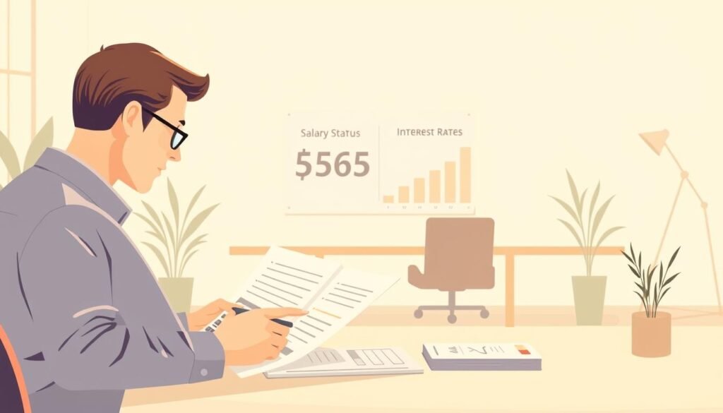 A high-resolution illustration depicting the mechanisms by which salaried individuals can effectively reduce their personal loan interest rates. The image should feature a clean, minimalist design with a soft, muted color palette. In the foreground, a person reviewing loan documents and calculating figures, conveying the idea of financial analysis and decision-making. In the middle ground, a visual representation of the relationship between salary status and interest rates, perhaps using simple graphs or charts. In the background, a serene, professional office setting with subtle design elements that reinforce the financial and analytical themes. Lighting should be warm and natural, with a focus on clarity and legibility. The overall mood should be one of financial empowerment and informed decision-making.