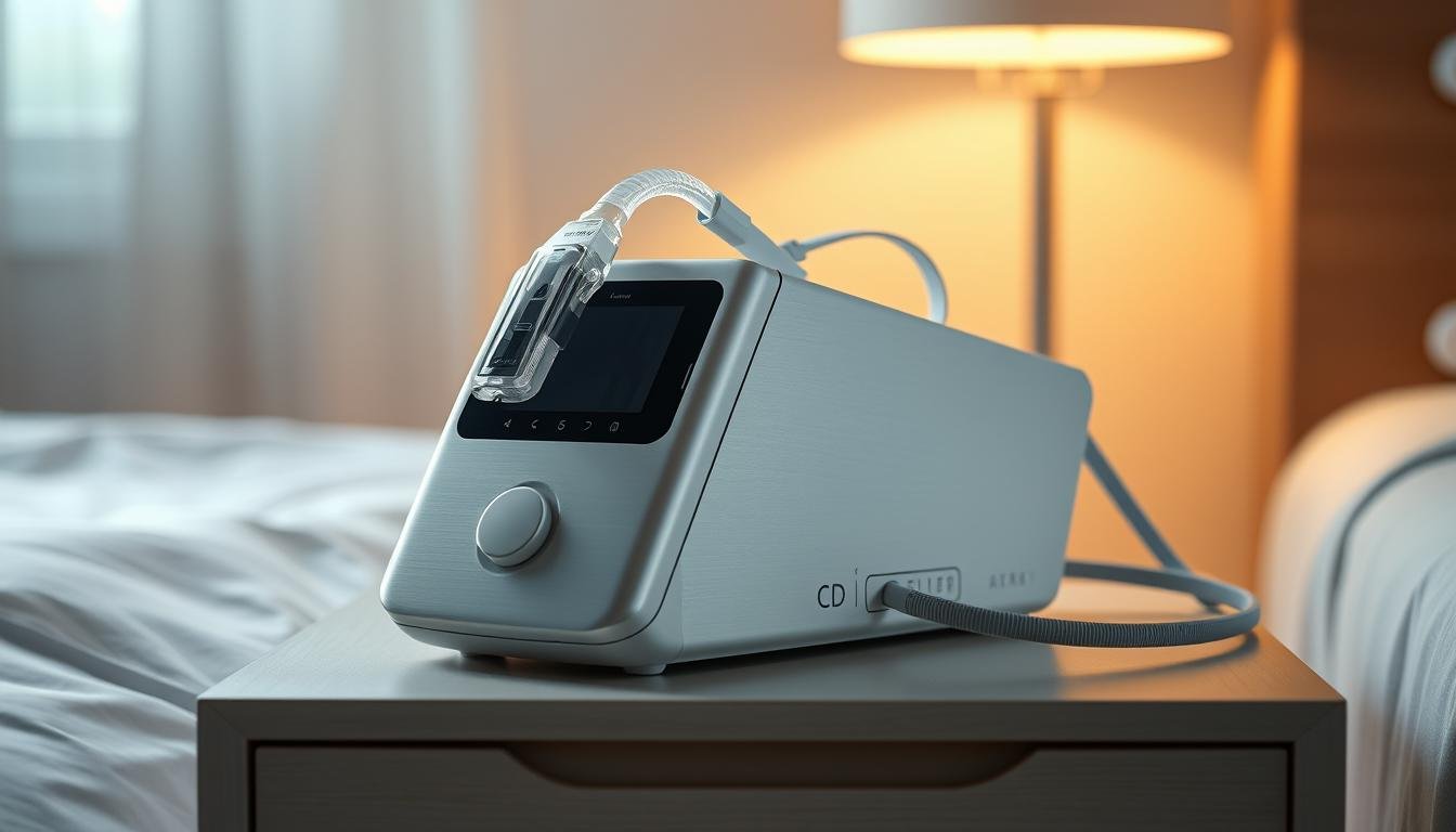 A highly detailed, sleek and modern-looking Telecombrother sleep apnea machine, placed on a minimalist bedside table. The machine has a smooth, brushed metallic finish and a simple, intuitive control panel. The device is accompanied by a comfortable nasal mask with adjustable straps, designed for maximum comfort and effective air delivery. Soft, indirect lighting casts a warm glow, creating a soothing, clinical yet domestic atmosphere. The entire scene is captured from a slightly elevated angle, highlighting the machine's elegant form and seamless integration into the bedroom environment.