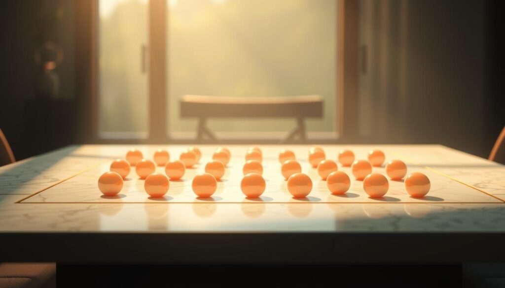 A meticulously detailed illustration of "倍數球累積法" in the UTown universe. A serene, well-lit scene showcases a marble-textured gaming table with a grid of glowing, spherical tokens arranged in a precise, geometric pattern. Soft, ambient lighting casts a warm, contemplative glow, while a subtle, bokeh-like effect adds depth and focus to the composition. The tokens appear to be gradually accumulating, hinting at the strategic nature of the game mechanic. The overall mood is one of intellectual curiosity and thoughtful contemplation.