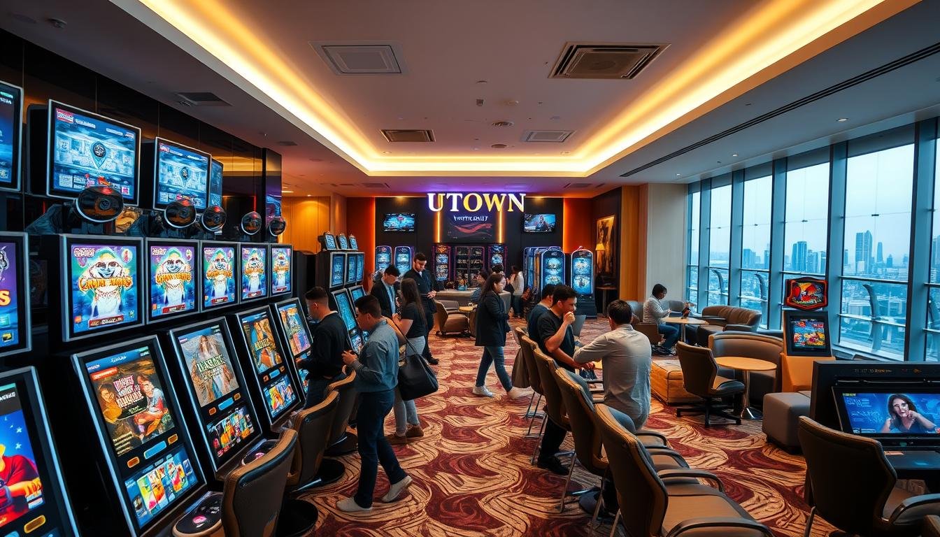 A modern, well-lit interior of a premium gaming hall called &quot;UTown Entertainment City&quot;. The foreground features rows of sleek, high-tech gaming machines and terminals with vibrant displays. In the middle ground, groups of patrons are engaged in lively gameplay, their expressions focused and excited. The background showcases a stylish lounge area with comfortable seating, a bar, and floor-to-ceiling windows offering a panoramic city view. The overall atmosphere is one of energy, sophistication, and immersive entertainment, reflecting the world-class gaming experiences offered by renowned providers like Hacksaw Gaming and Nolimit City.