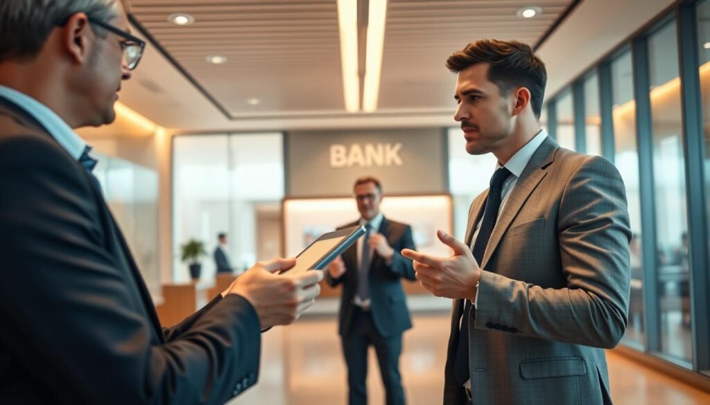 A professional-looking image of a person negotiating with a bank representative over personal loan rates. Centered composition with the bank representative in the foreground, holding a tablet and discussing interest rates. The loan applicant is in the middle ground, gesturing and engaged in discussion. The background features a modern bank interior with clean lines and minimalist decor, bathed in warm, directional lighting from above. The scene conveys a sense of negotiation, cooperation, and the potential to secure a favorable personal loan rate.