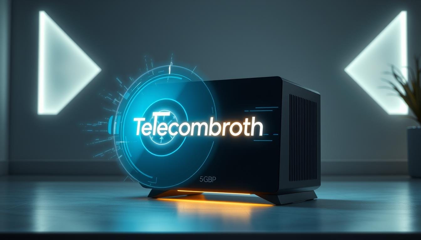 A sleek, futuristic home networking hub with a glowing "Telecombrother" logo, surrounded by a dynamic, holographic display showcasing lightning-fast 5Gbps broadband speeds. The device is positioned against a minimalist, ambient backdrop, with subtle geometric shapes and soothing lighting accents. The scene conveys a sense of technological advancement, connectivity, and the effortless power of modern home internet capabilities.