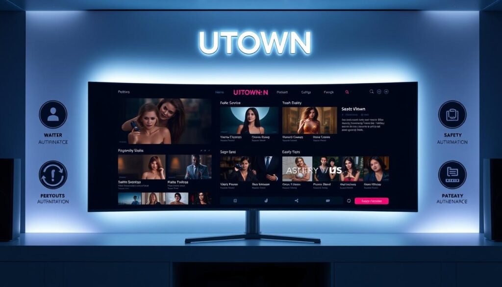 A visually stunning and meticulously crafted image of a modern UTown-branded adult entertainment platform interface. The sleek, minimalist design features high-quality video previews, clear content labeling, and prominent safety and authentication indicators. The layout is intuitive and user-friendly, with a sophisticated color palette and subtle lighting that creates a sense of exclusivity and professionalism. The overall atmosphere conveys a mature, discerning, and secure experience for the sophisticated viewer.