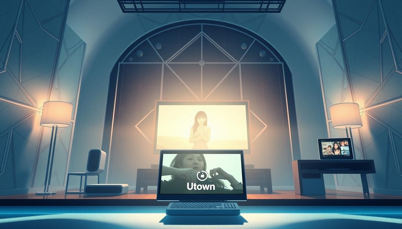 Intricate illustration of a stylized and secure viewing experience for the leaked video of Ito Mayu. Soft, dreamlike lighting illuminates a tranquil, safe digital environment. In the foreground, a UTown-branded interface presents the video content discreetly, free from distractions or malicious elements. The middle ground features sleek, modern devices that allow for comfortable, controlled viewing. The background subtly evokes a sense of privacy and protection, with elegant geometric patterns and calming gradients. The overall atmosphere conveys a refined, responsible approach to enjoying the sensitive content.