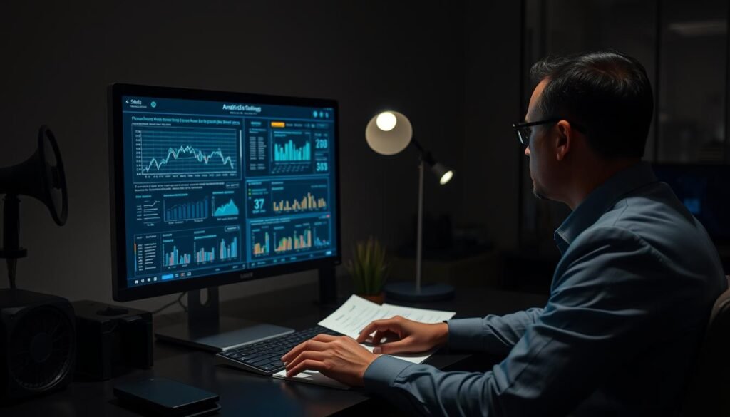 A dimly lit office, the hum of a computer's fan and the soft glow of a monitor set the scene. On the screen, a complex algorithm analyzes financial data, assessing credit risk without relying on credit check records. Detailed charts and graphs display key metrics, conveying a sense of analytical depth. The office is stylishly appointed, with clean lines and muted tones, reflecting the bank's sophisticated approach to credit evaluation. A sense of careful consideration and data-driven decision making pervades the atmosphere, as the banking professional scrutinizes the results, making a determination about the customer's creditworthiness.