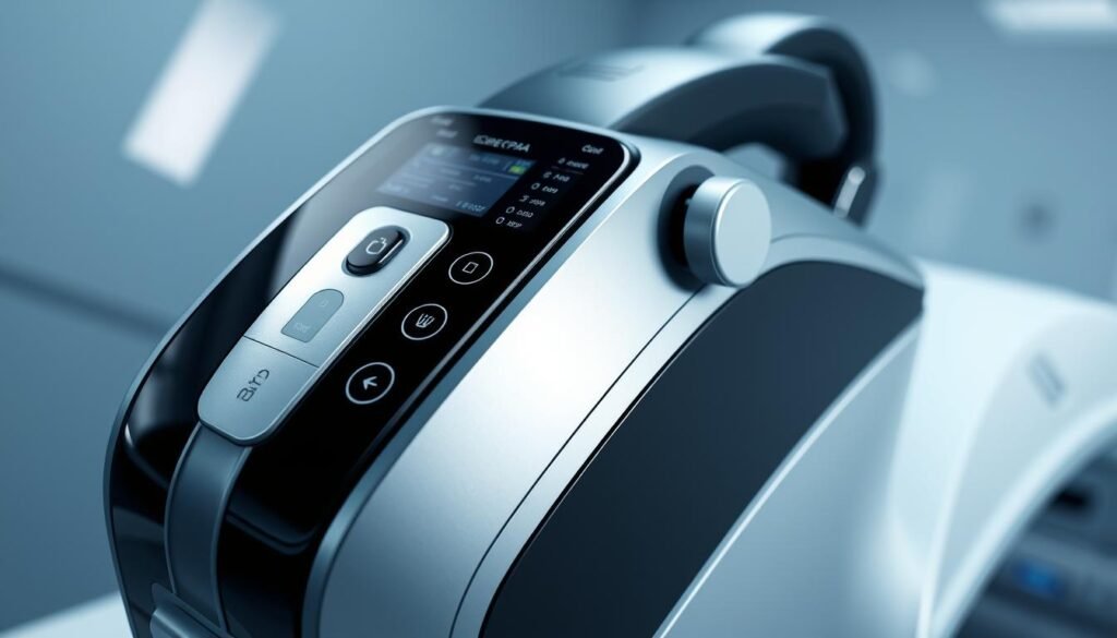 A highly detailed, photorealistic medical device rendering of an iCareCPAP sleep apnea machine. Showcase the sleek, modern design with a glossy, reflective black and silver body. Prominently display the control panel with intuitive touch interfaces and digital displays. Capture the machine in a well-lit, sterile medical setting with crisp, directional lighting highlighting the device's form and function. Emphasize the machine's sophisticated respiratory airflow technology and its ability to monitor and regulate breathing patterns. Convey a sense of medical professionalism and technological innovation.