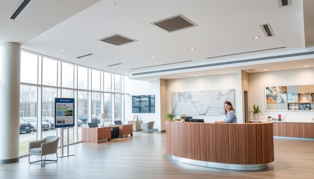 A modern, minimalist banking office interior with large windows providing abundant natural light. In the foreground, a sleek, wooden-paneled reception desk staffed by a friendly bank employee assisting a customer. The middle ground features comfortable seating areas and discreet digital signage displaying service offerings. The background showcases the bank's branding through tasteful wall decorations and artwork, conveying a sense of professionalism and trustworthiness. The overall atmosphere is one of warmth, efficiency, and a focus on the customer experience, without overt references to credit scores or lending policies.