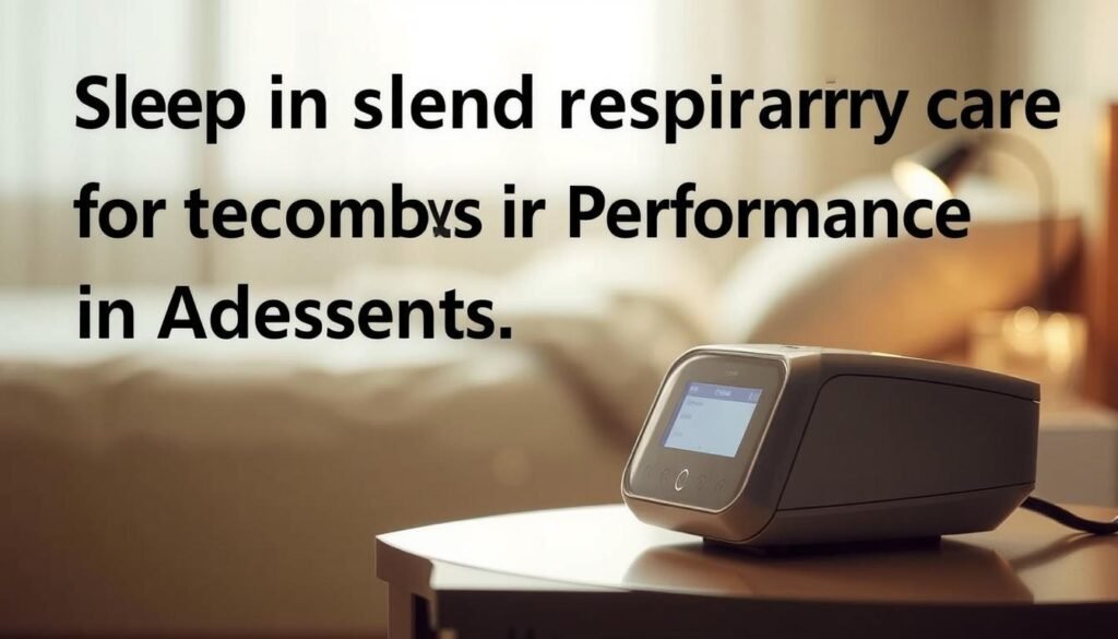 A sleek and modern-looking CPAP machine, the iCareCPAP, rests on a nightstand. The device has a minimalist design with clean lines and a soft, backlit display. The machine is positioned in the foreground, casting a subtle glow on the surrounding environment. In the middle ground, there is a cozy bedroom setting with a comfortable-looking bed and soft, muted lighting. The background is blurred, creating a sense of depth and focus on the CPAP machine. The overall mood is calming and relaxing, conveying the importance of proper sleep and respiratory care for improved academic performance in adolescents.