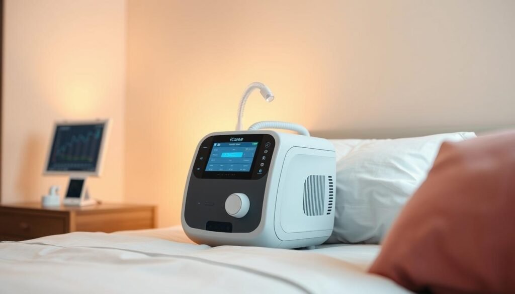 A sophisticated medical-grade iCareCPAP sleep apnea machine, showcasing its sleek design and advanced features. The device is positioned prominently in the center, with a clean and minimalist background to emphasize its key functionality. Soft lighting casts a warm glow, creating a calming and therapeutic atmosphere. The machine's controls and display are visible, highlighting its intuitive user interface and data-driven capabilities. The overall composition conveys the integration of the sleep apnea machine with respiratory health monitoring, reflecting the crucial role it plays in the comprehensive treatment of sleep-related breathing disorders.