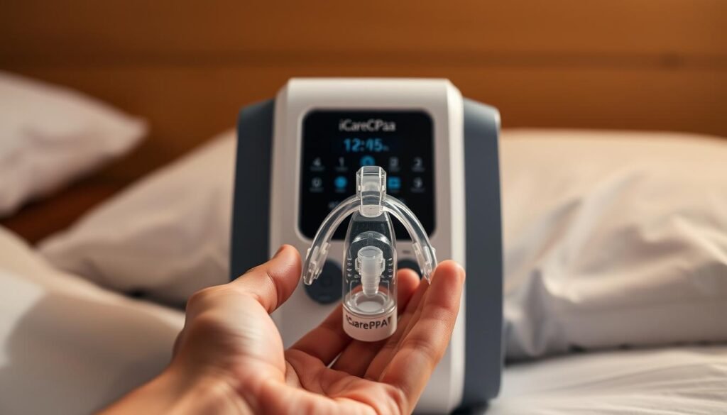 A well-lit, close-up view of the iCareCPAP sleep apnea machine. The device is positioned prominently in the center, showcasing its sleek, modern design. The machine's front panel, with its intuitive controls and display, is the focal point. In the foreground, a person's hand is gently holding the nasal mask, illustrating the proper fitting and placement. The background is blurred, creating a sense of depth and emphasis on the device. The lighting is soft and diffused, casting a warm, inviting glow on the scene. The overall mood is one of simplicity, ease of use, and the importance of proper setup for effective sleep apnea treatment.