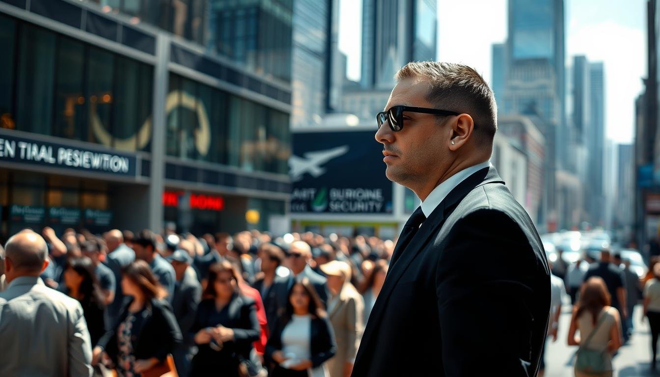 A professional bodyguard standing alert in a busy urban environment, showcasing the essence of private security services. In the foreground, the bodyguard, dressed in a smart black suit with an earpiece, scans the crowd with a focused expression, highlighting professionalism and vigilance. The middle ground features a diverse group of people, representing various clients in need of protection, creating a dynamic atmosphere. The background reveals a cityscape with skyscrapers and bustling streets, evoking a sense of urgency. Utilize natural lighting to enhance the scene, capturing reflections and shadows for depth. The overall mood is serious and secure, reflecting the critical nature of personal safety in various situations.