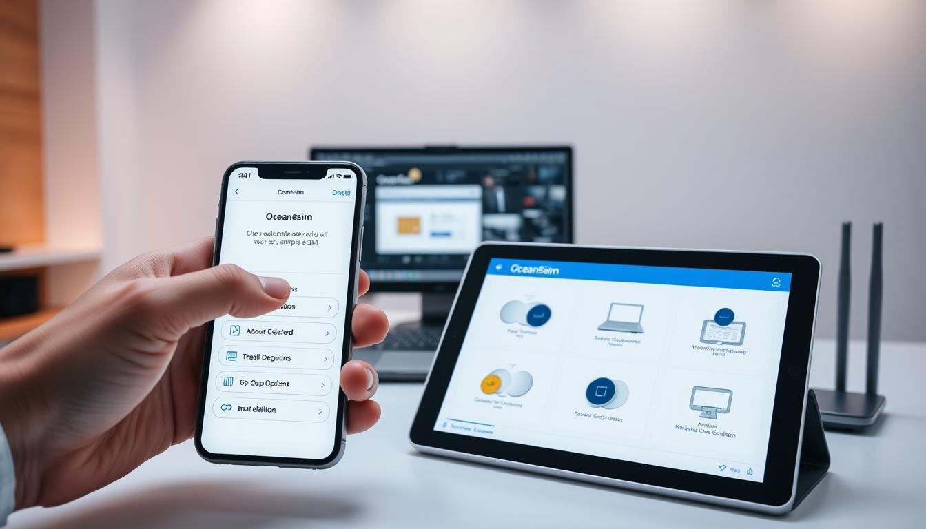 A sleek and modern digital workspace showcasing the installation process of OceanEsim multiple eSIMs. In the foreground, a smartphone displaying an intuitive interface with eSIM options clearly outlined, fingers hovering over the screen for interaction. The middle layer features a laptop with an open tutorial on OceanEsim, alongside a tablet showing step-by-step installation graphics. The background features a well-lit office environment with subtle tech elements, like a wireless router and a few elegantly designed tech gadgets, emphasizing connectivity. Soft, ambient lighting creates a professional yet inviting mood. The image is taken from a slightly elevated angle to capture the whole scene, focusing on clarity and organization, reflecting efficiency in the eSIM installation process.