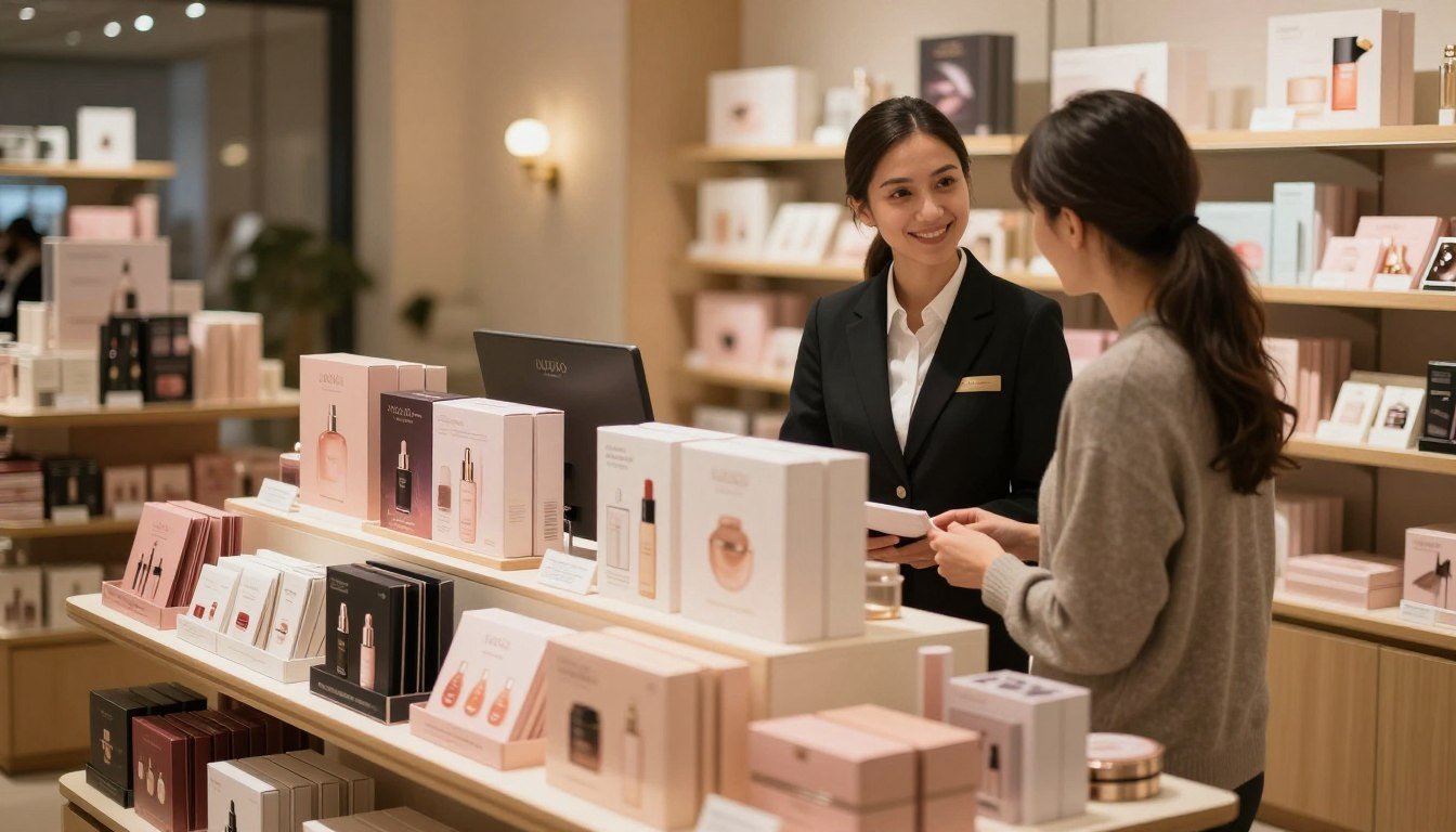 A sophisticated adults-only store interior focused on operational standards and customer service. In the foreground, a neatly arranged display of tasteful adult products, featuring elegant packaging and discreet product placements. In the middle, a friendly staff member in professional attire assisting a customer, highlighting attentive service. The background showcases a warm ambiance with soft, romantic lighting that creates a cozy and inviting atmosphere, evoking a sense of trust. The scene is shot from a slightly elevated angle to capture the layout and organization of the store, with a cinematic vibe reflecting the professionalism of the environment. The image is composed in a 4:3 aspect ratio to enhance the intimate feel.