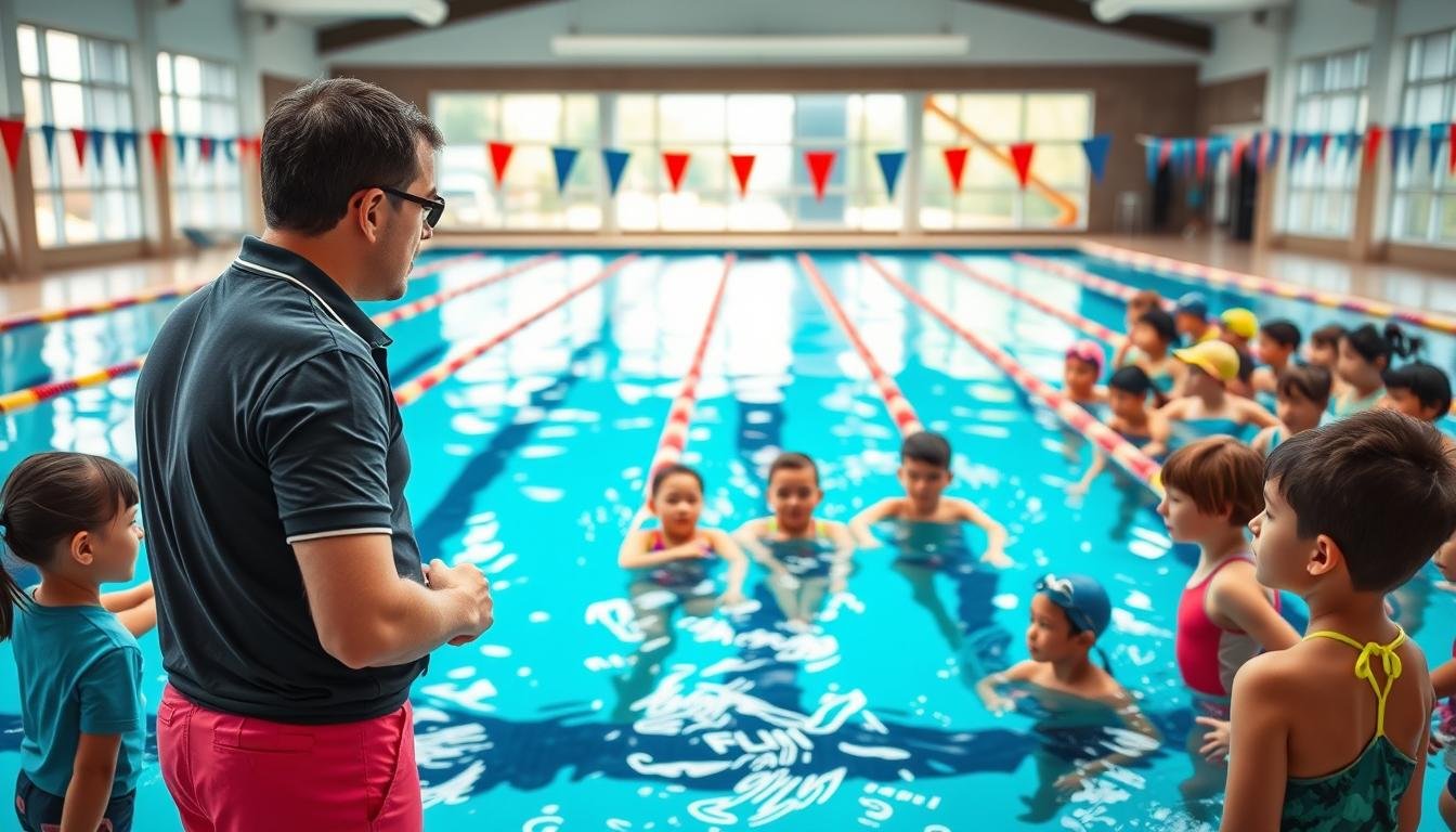 A vibrant swimming class environment, showcasing a professional indoor pool setting. In the foreground, a dedicated swimming instructor in a smart polo shirt and shorts is demonstrating a swimming technique to a diverse group of children, all dressed in colorful swim gear, attentive in their posture. The middle ground features various swimming lanes with clear blue water and lane dividers marked with bright flags. In the background, large windows let in natural light, illuminating the space and providing a sense of openness. The atmosphere is lively and focused, emphasizing education and teamwork in swimming. Capture from a slightly elevated angle to create depth, ensuring the reflections in the water contribute to the overall dynamic feel of the scene.