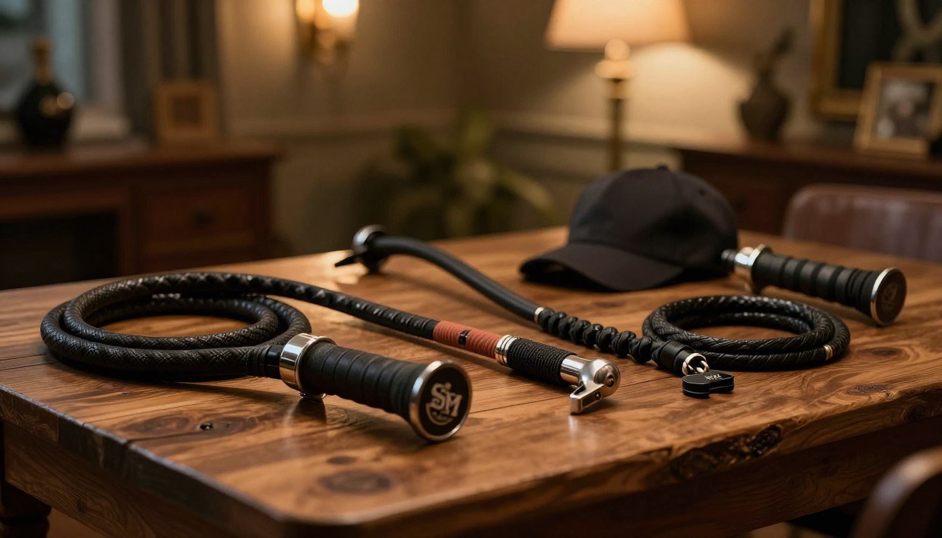 A visually captivating display of SM whips and training gear, artistically arranged on a rustic wooden table as the focal point in the foreground. In the middle ground, soft, warm lighting bathes the products, enhancing their textures and details. The background features a cozy, dimly lit room with elegant decor, hinting at a sophisticated atmosphere. The image captures the allure and craftsmanship of the items, with a shallow depth of field to draw attention to the whips. The overall mood is intimate and inviting, evoking curiosity and interest while maintaining a sense of professionalism. The composition should convey a cinematic vibe, suitable for a reflective exploration of the culture surrounding SM whips, all set in a 4:3 aspect ratio.