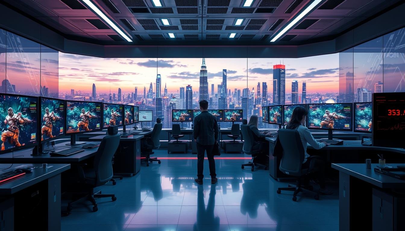 A futuristic gaming environment that embodies the concept of "遊戲穩定性" with a focus on the 3A system architecture. In the foreground, show sleek gaming consoles and monitors with vibrant visuals displaying intense game scenes. The middle ground features an organized control room with monitors showing real-time data analytics, emphasizing stability and fairness in gameplay. The background includes a dynamic cityscape with neon lights, set at dusk, symbolizing a bustling digital world. Use soft overhead lighting to create an immersive atmosphere, and a slightly elevated angle to capture the depth of the gaming experience. The image should convey a sense of innovation, professionalism, and reliability in the gaming industry, without any text or watermarks. Ensure any human figures are in business attire, representing developers and analysts.