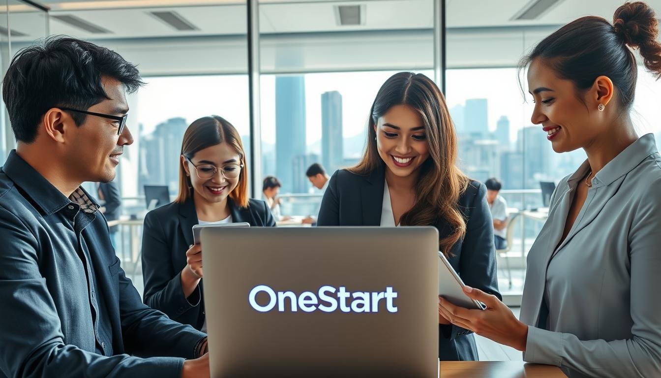 A modern Hong Kong office setting showcasing a professional business meeting. In the foreground, a diverse group of three individuals—one male and two females—are engaged in discussion over a laptop displaying the OneStart logo. They are dressed in professional business attire, exuding focus and cooperation. In the middle ground, glass walls reveal additional colleagues working on tablets and computers, symbolizing a dynamic and efficient work environment. The background features a cityscape view of Hong Kong, emphasizing a blend of traditional and modern architecture. The lighting is bright and professional, with natural sunlight streaming through the windows, creating a positive, productive atmosphere. The image should convey a sense of innovation, teamwork, and the seamless process of starting a business in Hong Kong.