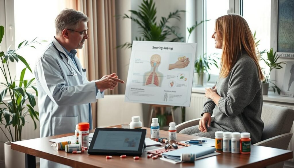 A serene indoor scene showcasing a professional consultation between a doctor and a patient discussing the connection between snoring and allergy medication. In the foreground, the doctor, dressed in a white coat, points to a chart illustrating nasal anatomy and allergy triggers, while the patient, wearing casual but modest clothing, listens attentively. In the middle ground, a desk is cluttered with allergy medications, such as pills and nasal sprays, along with a digital tablet displaying information on seasonal allergies. In the background, soft natural lighting filters through a window, illuminating houseplants that create a calm atmosphere. The overall mood is informative and supportive, emphasizing the theme of health and wellness.