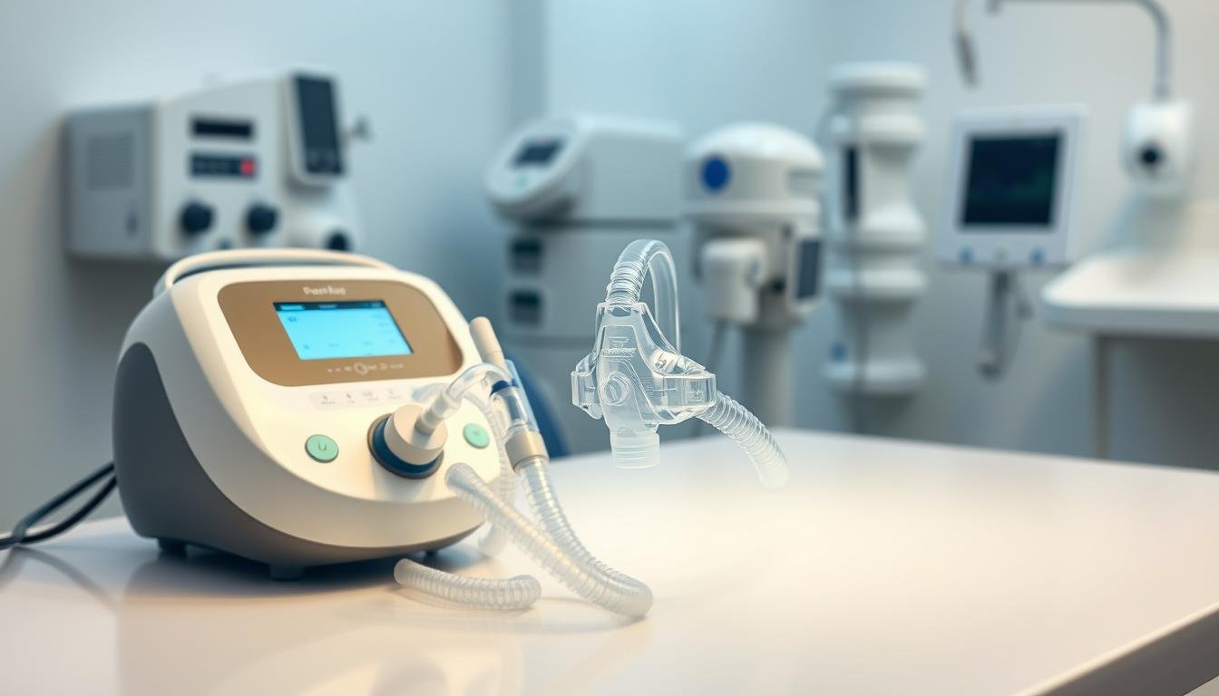 A sleep apnea machine prominently displayed on a clean, clinical table, showcasing its various components including a mask, tubing, and control panel. In the foreground, the machine is lit softly with a gentle brightness to highlight its modern design and sleek features. In the middle, there’s a close-up of the mask attached to the tubing, emphasizing the ergonomic shape that enhances comfort for users. The background features a blurred, sterile medical environment with subtle hints of medical equipment, providing context without distraction. The overall mood is informative and professional, aiming to convey the importance and functionality of sleep apnea therapy in maintaining health.