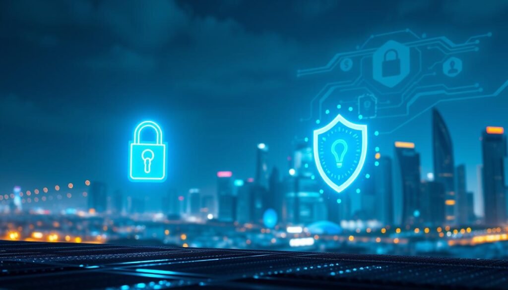 A futuristic digital landscape illustrating the concept of asset protection within UG Entertainment City. In the foreground, depict a high-tech firewall symbol, glowing with vibrant blue and green lights, representing security. In the middle ground, visualize abstract digital assets, such as cryptocurrency symbols and data blocks, securely safeguarded by a shimmering shield effect. The background should showcase a sleek city skyline, symbolizing the digital realm of UG Entertainment City, with a night setting that highlights cybersecurity with glowing circuit patterns in the sky. The lighting should cast a surreal glow, creating a mood that conveys safety and innovation. The angle should be slightly elevated, enhancing the depth of the scene and providing a captivating view of this secure digital environment. A futuristic digital landscape illustrating the concept of asset protection within UG Entertainment City. In the foreground, depict a high-tech firewall symbol, glowing with vibrant blue and green lights, representing security. In the middle ground, visualize abstract digital assets, such as cryptocurrency symbols and data blocks, securely safeguarded by a shimmering shield effect. The background should showcase a sleek city skyline, symbolizing the digital realm of UG Entertainment City, with a night setting that highlights cybersecurity with glowing circuit patterns in the sky. The lighting should cast a surreal glow, creating a mood that conveys safety and innovation. The angle should be slightly elevated, enhancing the depth of the scene and providing a captivating view of this secure digital environment.
