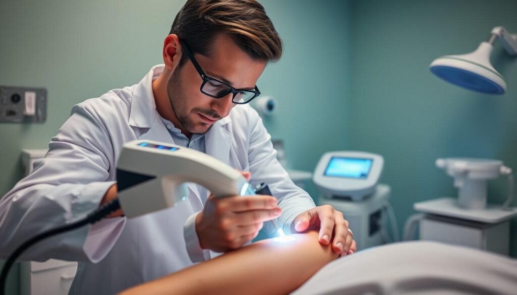 A medical office setting showcasing a laser wart removal procedure. In the foreground, a professional, well-groomed dermatologist in a white lab coat is attentively adjusting a state-of-the-art laser device, focusing light on a small skin area on a patient's forearm. The patient, dressed in a modest, casual shirt, appears calm and relaxed. In the middle ground, a high-tech laser machine emits a soft blue light, illustrating the advanced technology being used. The background features sterile medical instruments and calming green walls, creating a professional and serene atmosphere. Soft, diffused lighting enhances the clinical and reassuring mood of the scene, emphasizing precision and care in this advanced dermatological treatment.