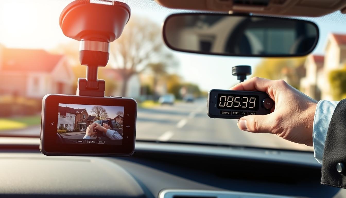 A modern car dashboard showcasing the functionality of a dash cam, prominently featuring a sleek, high-tech vehicle camera mounted on the windshield. In the foreground, display the camera in sharp focus to highlight its design and features, including LED indicators and a display screen showing video clips. In the middle ground, depict a realistic digital readout illustrating the low voltage auto shut-off feature being adjusted by a hand in professional attire, suggesting the importance of proper calibration. The background should feature a blurred motion view of a suburban street, emphasizing the continuous recording capability of the dash cam. The lighting is bright and vibrant, creating a sense of clarity and safety, with a slightly angled perspective that draws the viewer into the action. The mood should be informative and technical, reflecting the vital role of the dash cam in ensuring uninterrupted recording.