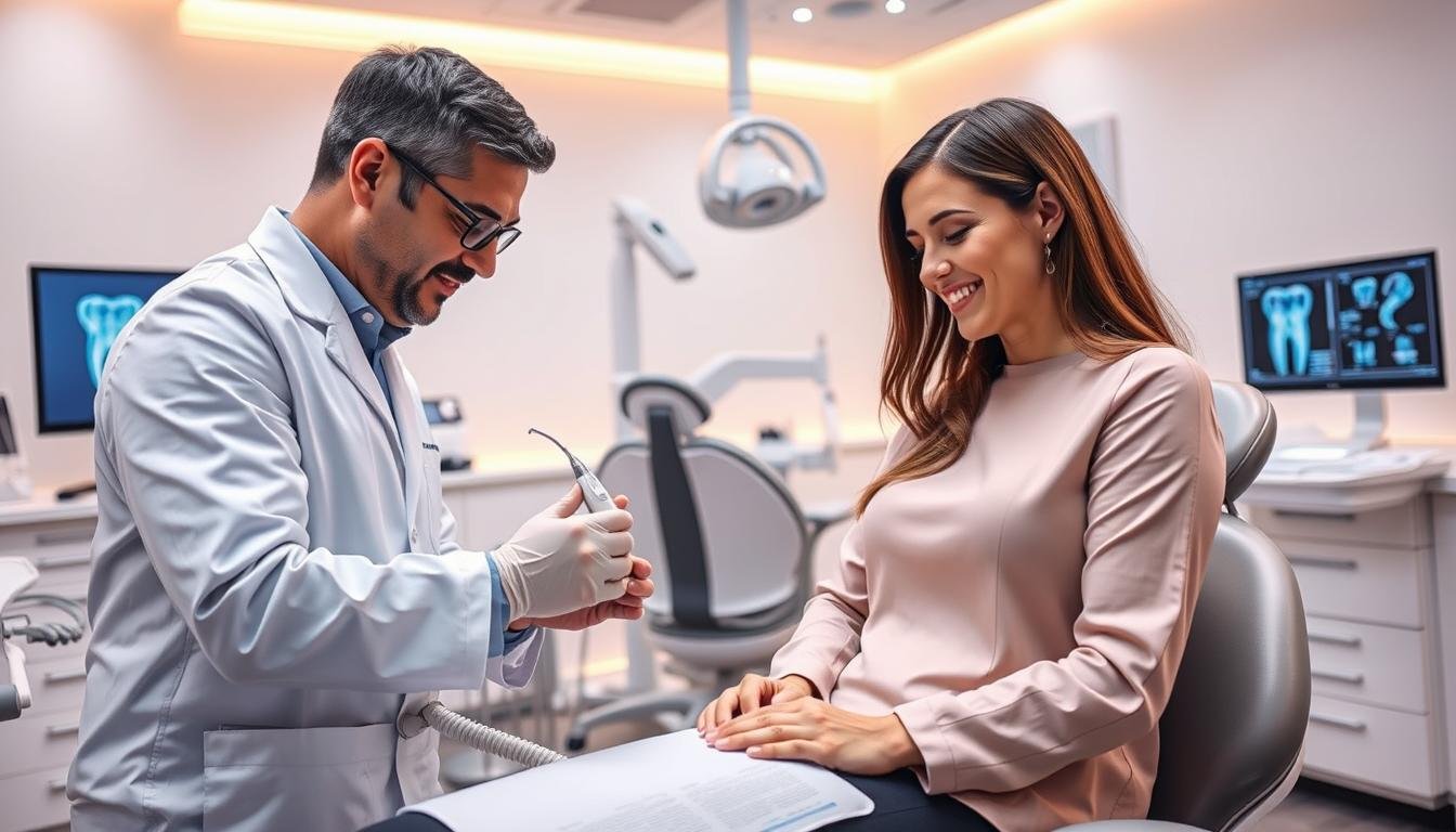 A modern dental clinic environment focused on pain management during tooth root treatment. In the foreground, a dentist in professional attire is gently demonstrating a numbing device to a patient, who appears relaxed and reassured. Their expressions convey calmness as the dentist interacts with high-tech equipment. In the middle ground, a sleek dental chair equipped with advanced tools is positioned, along with a soothing ambiance featuring soft, warm lighting. The background showcases modern dental technology, such as an x-ray machine and monitors displaying treatment plans, emphasizing professionalism and innovation. The overall atmosphere is serene and supportive, highlighting the innovative approaches in minimizing patient fear and discomfort during dental procedures.