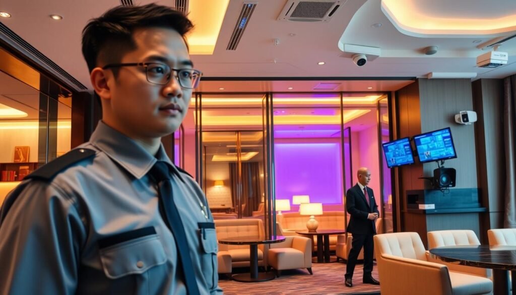 A modern, upscale hotel KTV lounge in Taipei, showcasing a well-designed security solution for enhancing customer safety and experience. In the foreground, a professional security guard in a smart uniform monitors guests entering the lounge, displaying a calm and attentive demeanor. The middle layer features elegantly decorated private KTV rooms with soundproof doors, ambient lighting, and plush seating, inviting a sense of luxury. In the background, the lounge's high-tech surveillance system is subtly integrated, with sleek cameras and control panels, emphasizing security without being intrusive. The atmosphere is vibrant yet secure, filled with soft lighting that creates a welcoming mood, perfect for an upscale nightlife experience. The angle captures the depth of the lounge, highlighting both security and comfort.
