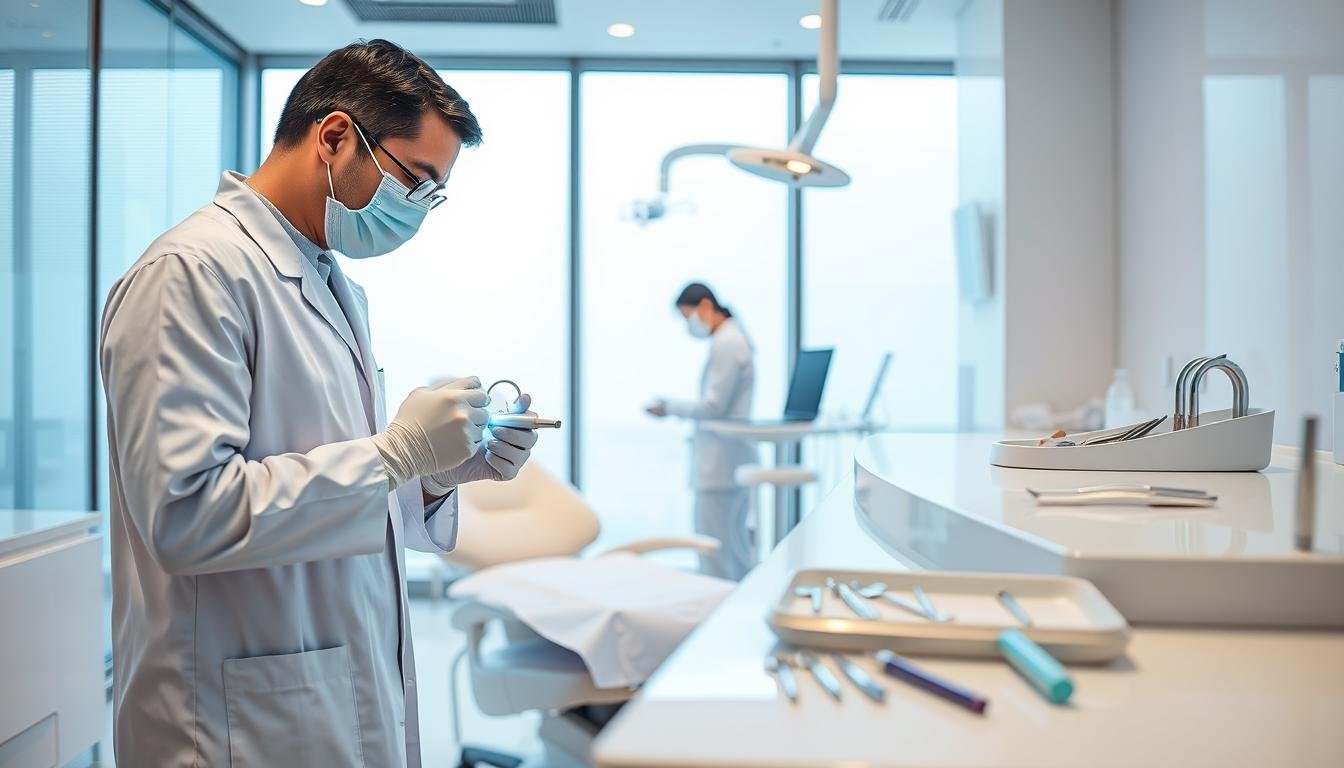 A professional dental service scene in Hong Kong, showcasing a bright, modern dental clinic. In the foreground, a dentist in a crisp white coat, wearing gloves and a mask, carefully examines a patient’s teeth using a dental light and tools. The middle ground features a dental chair, sleek and comfortable, and a hygienist organizing dental instruments on a clean counter. In the background, large windows allow natural light to filter in, highlighting the clinic's calming interior design with soft blue and white colors. The atmosphere is hygienic and welcoming, emphasizing the importance of dental health and preventative care, showcasing a sense of professionalism and trust.