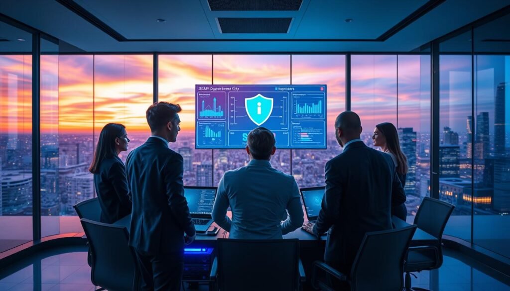 A professional security assessment scene focused on the headquarters of UG Entertainment City. In the foreground, a group of cybersecurity experts in business attire is examining a digital firewall interface projected in a sleek, modern conference room. They are analyzing data displayed on a large screen, with charts and security metrics visible. In the middle, the room is filled with high-tech equipment, including laptops and server racks, surrounded by vibrant blue lighting that signifies a secure environment. The background features a glass wall looking out onto a vibrant city skyline at dusk, with warm orange and purple hues in the sky, creating an atmosphere of innovation and security. The image conveys a sense of professionalism, high stakes, and cutting-edge technology. A professional security assessment scene focused on the headquarters of UG Entertainment City. In the foreground, a group of cybersecurity experts in business attire is examining a digital firewall interface projected in a sleek, modern conference room. They are analyzing data displayed on a large screen, with charts and security metrics visible. In the middle, the room is filled with high-tech equipment, including laptops and server racks, surrounded by vibrant blue lighting that signifies a secure environment. The background features a glass wall looking out onto a vibrant city skyline at dusk, with warm orange and purple hues in the sky, creating an atmosphere of innovation and security. The image conveys a sense of professionalism, high stakes, and cutting-edge technology.