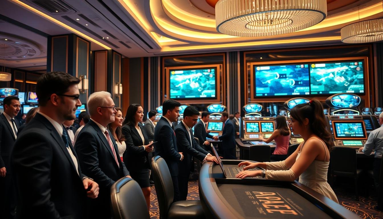 A sophisticated casino environment showcasing a premium gaming area designed for an exceptional user experience. In the foreground, a diverse group of well-dressed patrons engage in live dealer games, each displaying expressions of excitement and concentration. The middle ground features elegantly arranged gaming tables with professional dealers dressed in formal attire, expertly managing the games. The background is adorned with modern decor, soft ambient lighting that sets a warm atmosphere, and large screens displaying immersive graphics. The overall scene conveys a sense of luxury and fairness in entertainment, highlighting the unique aspects of the live video gaming experience. The angle is from a low perspective, emphasizing the dynamic interaction among players and dealers, with a focus on vibrancy and sophistication.