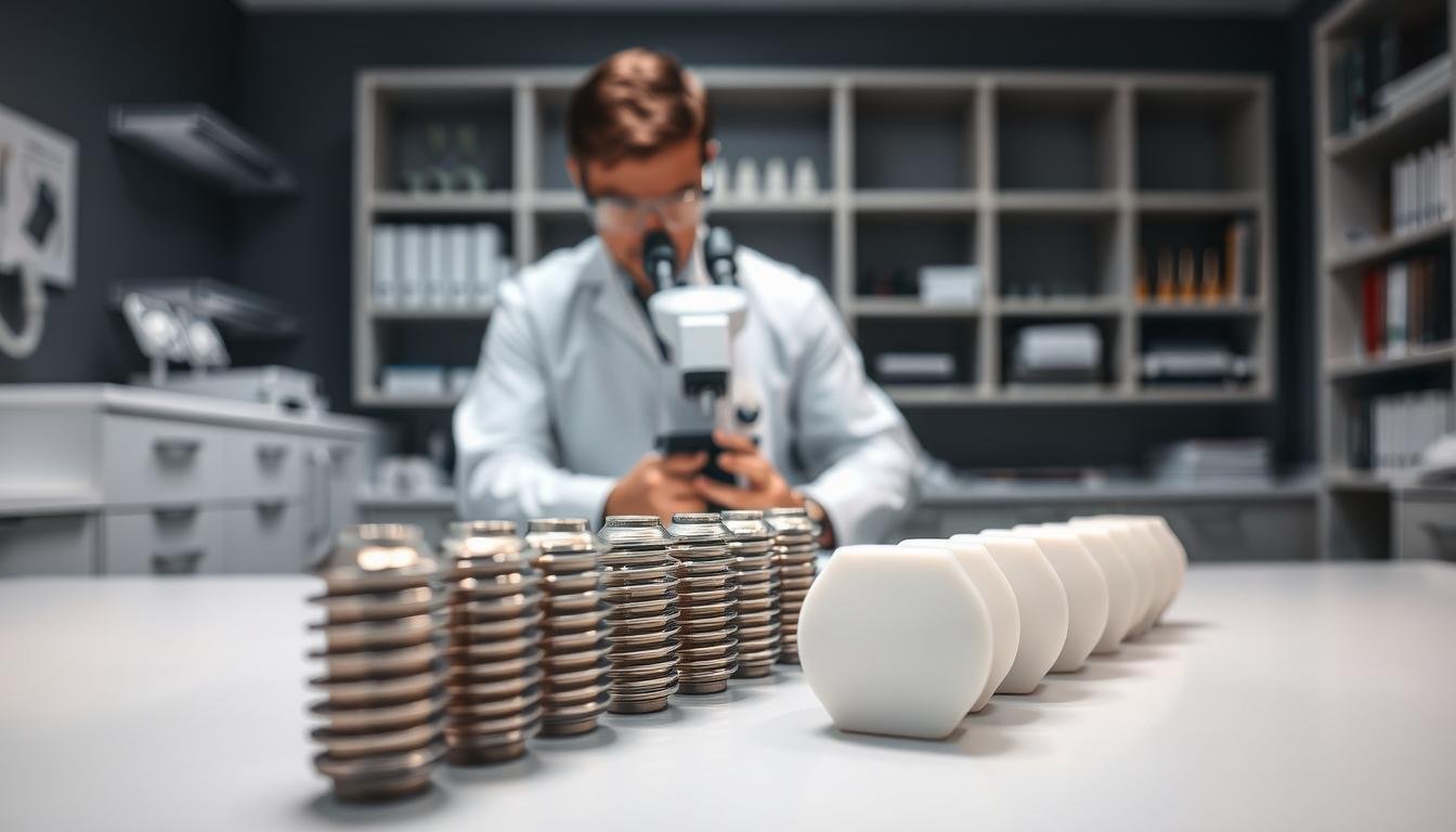 A sophisticated dental clinic setting, featuring a detailed laboratory table with pure titanium and zirconium dental implant materials displayed prominently in the foreground. The titanium implants gleam with a metallic sheen, while the zirconium implants exhibit a smooth, white finish. In the middle ground, a dental professional in a white lab coat, wearing safety goggles, examines the materials with a microscope, showcasing the meticulous nature of material selection. The background is softly blurred, revealing shelves filled with dental tools and references on osseointegration and biocompatibility. Soft, focused lighting illuminates the scene, creating a professional yet inviting atmosphere, emphasizing the importance of material choice in dental implant procedures. Use a standard lens to capture the clarity of both the materials and professional activity.
